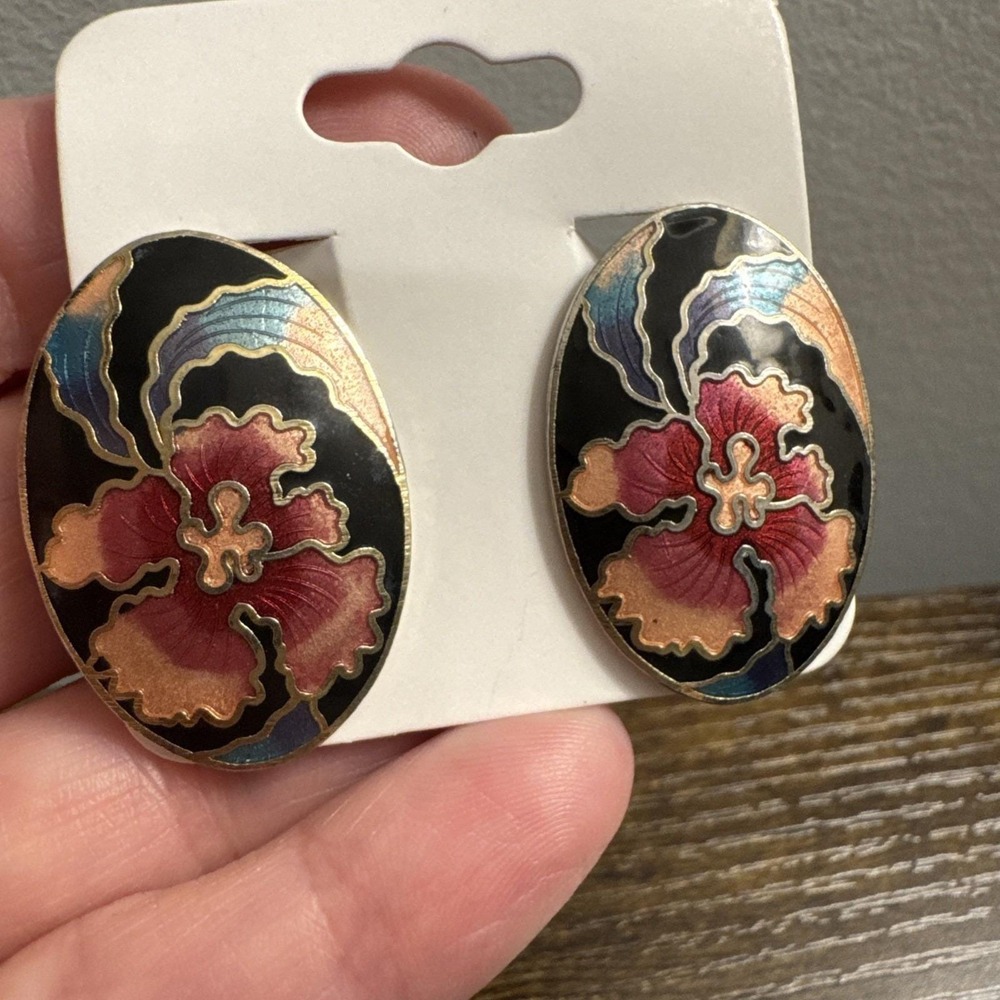 VTG Floral‎ Oval Large Cloisonne Earrings Clip On 1980s Black Pink